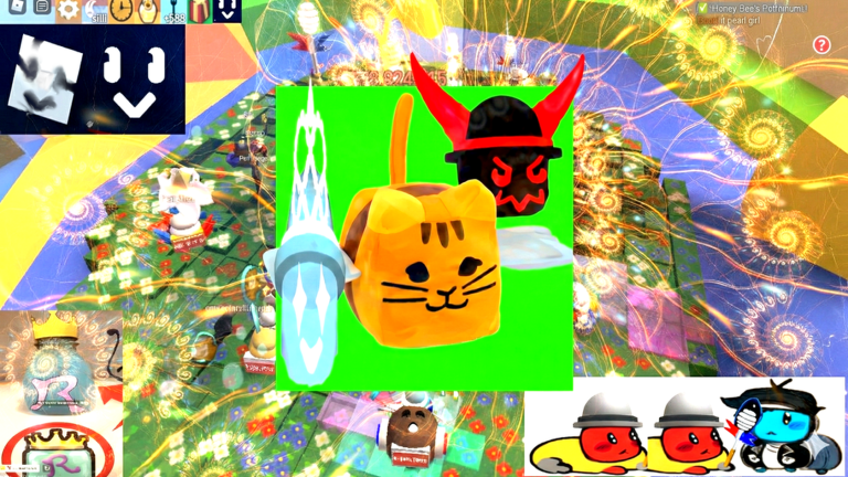 Bee Swarm Simulator gameplay showing flower fields, ability tokens and hive bonuses on screen
