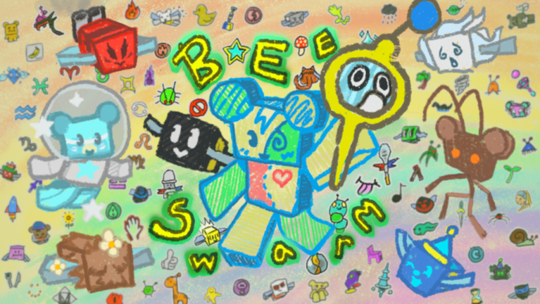 Hand-drawn Bee Swarm Simulator key art with bees, bears and the Bee Swarm Simulator logo